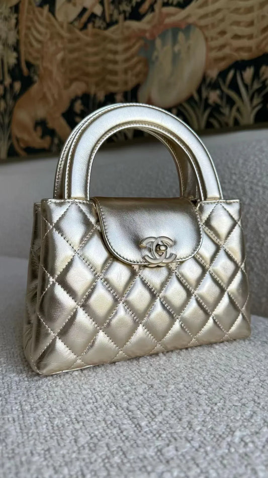 Chanel "Kelly" Mini Shopping Bag Metallic Calfskin Golden Light Gold-Tone Metal