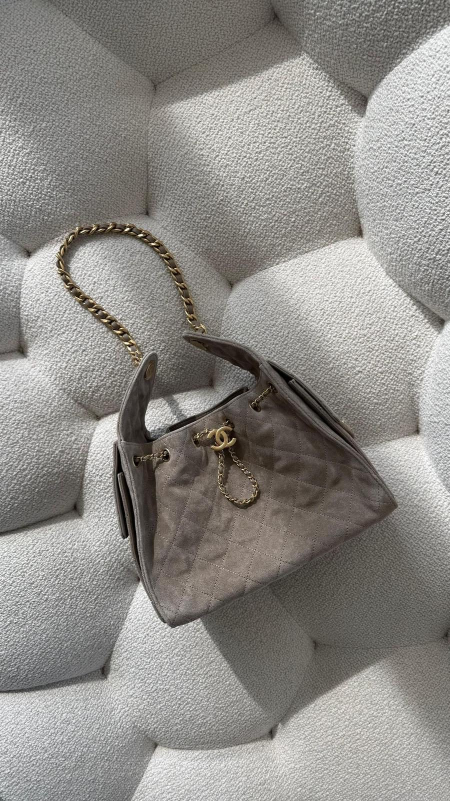 Chanel 25 Small Hobo Handbag Suede Goatskin Grey GHW