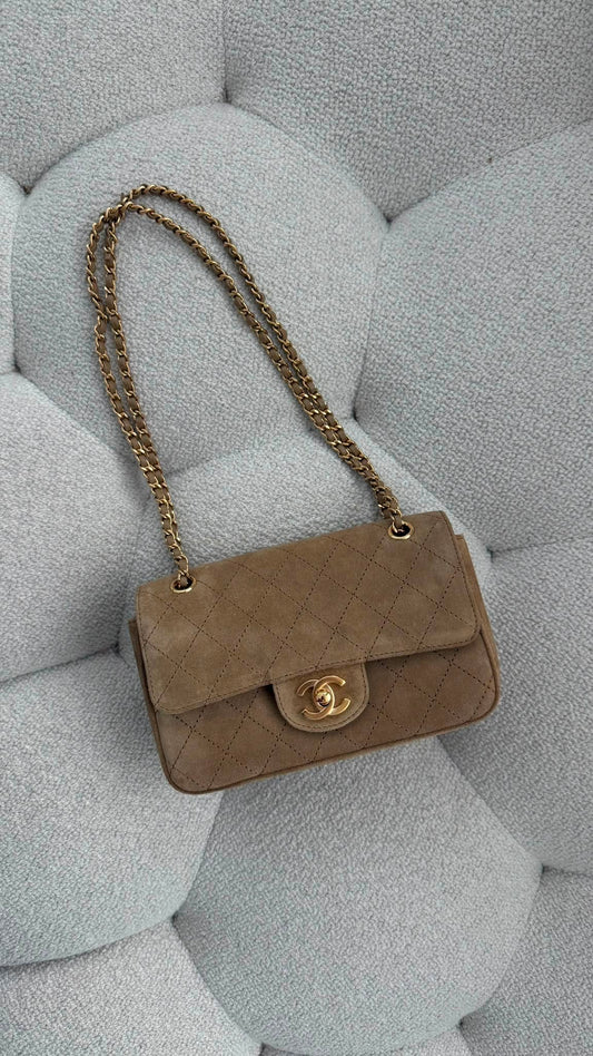 Chanel Mini Flap Suede Calfskin Gold-Tone Metal Dark Beige