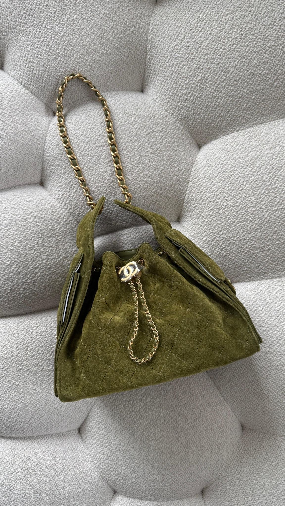 Chanel 25 Small Hobo Suede Olive Green