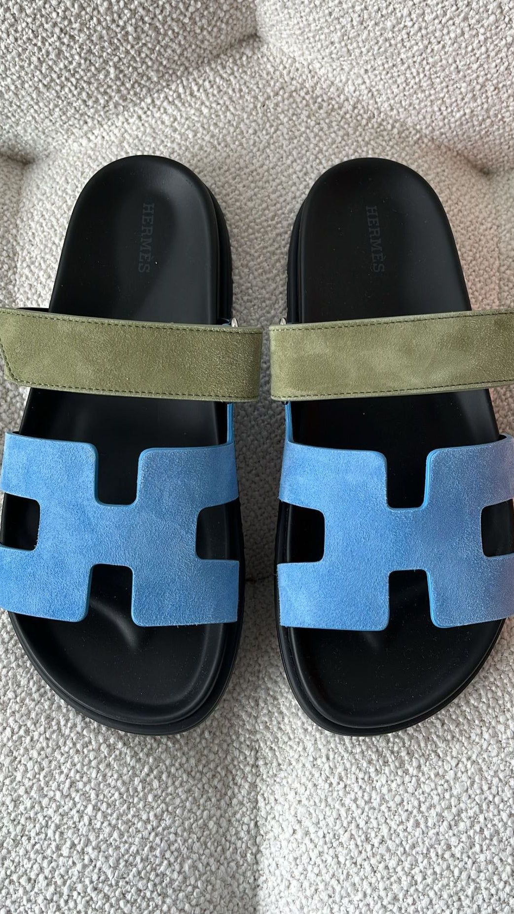 Hermès Chypre Sandals Suede Bleu Cameo & Vert Celadon