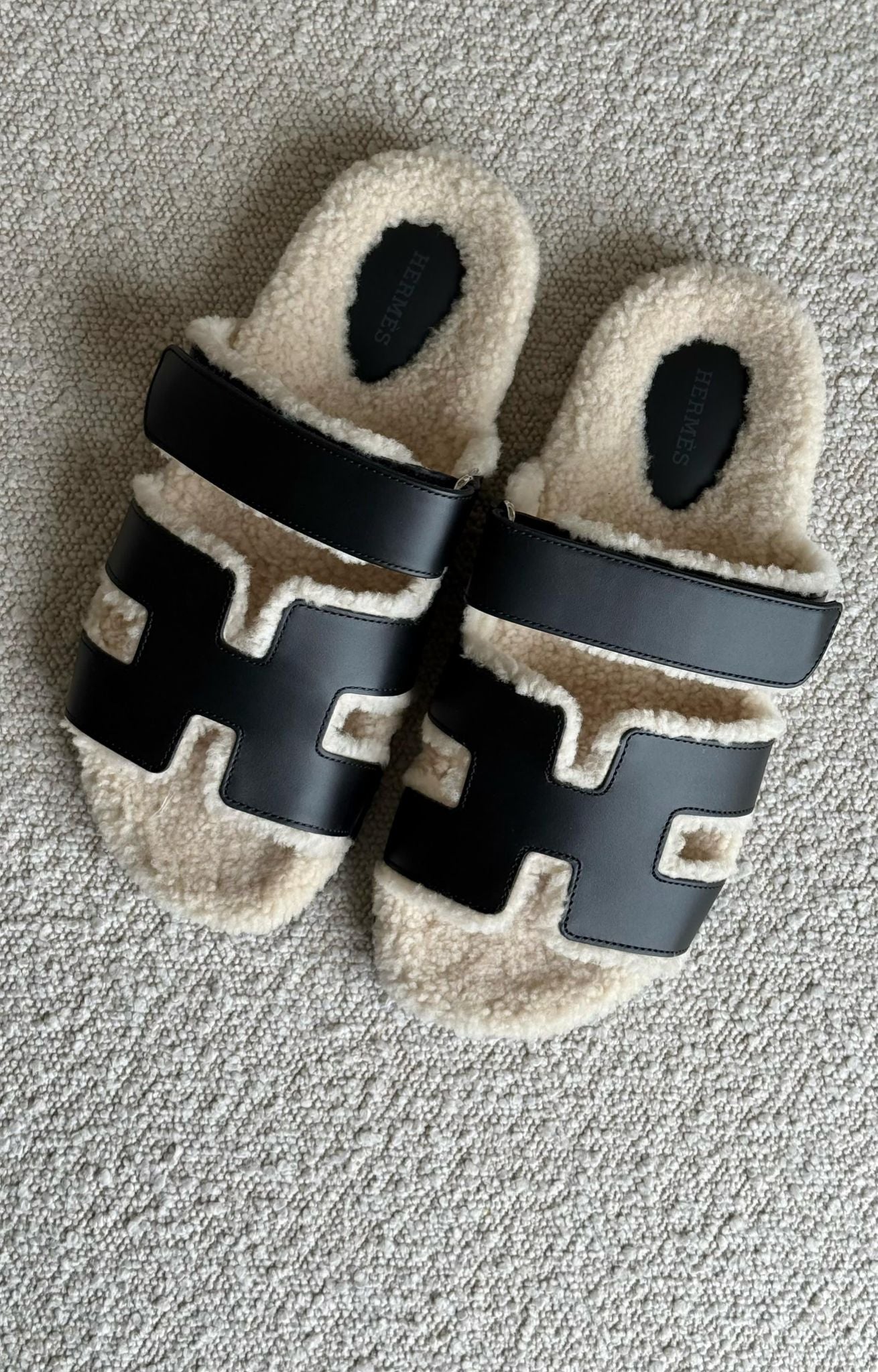 Hermès Chypre Sandals Calfskin & Shearling Black & Ecru