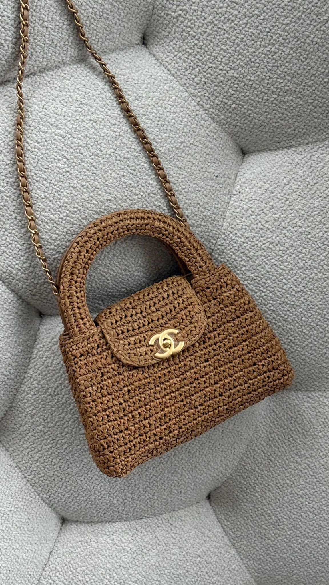 Chanel Mini Kelly Braided Raffia & Gold-Tone Metal Dark Beige