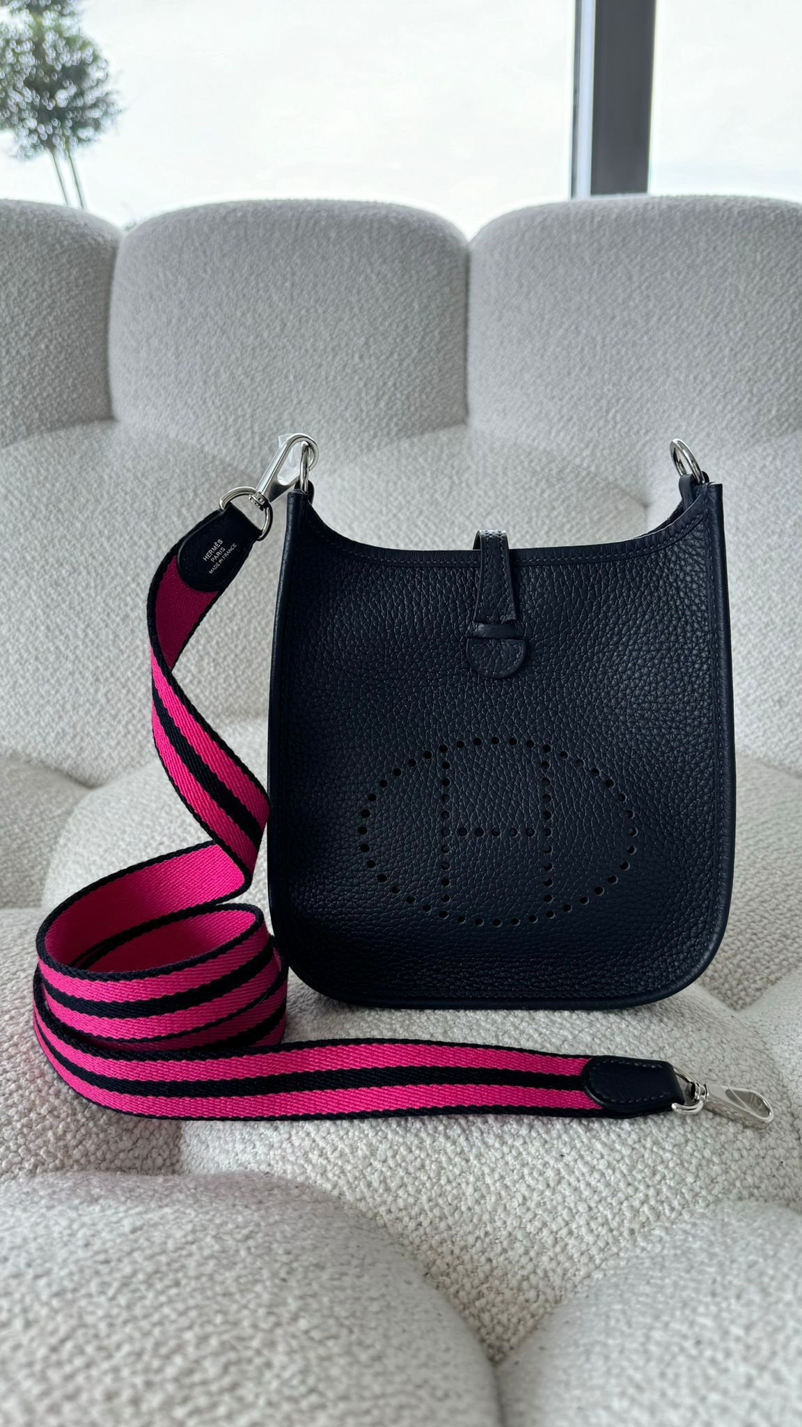 Hermès Mini Evelyne Clemence Caban & Rose Shock & Bleu Indigo PHW