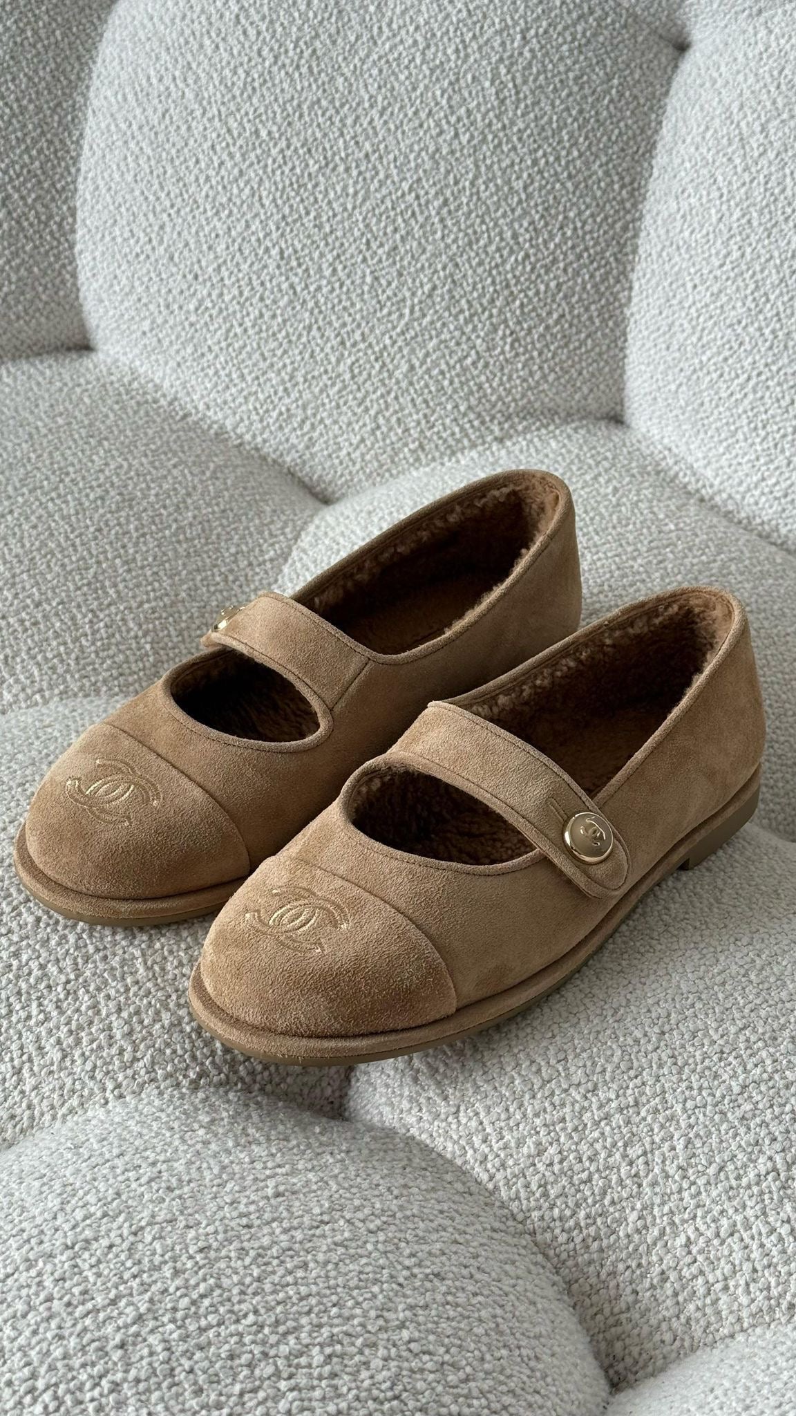 Chanel Mary Janes Suede & Shearling Beige