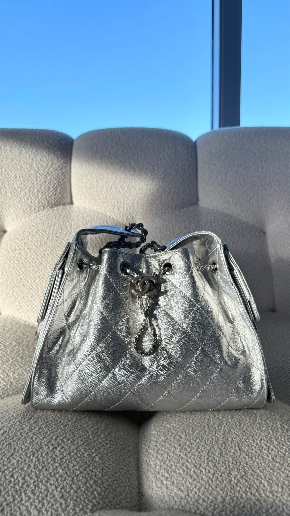 Chanel 25 Small Hobo Metallic Silvery Grained Calfskin