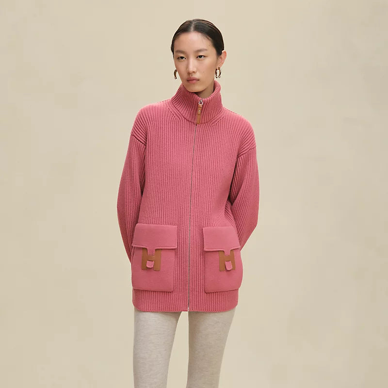 Hermès Virgin Wool Knit Jacket Side Flap “H” Pockets Rose Sorbet