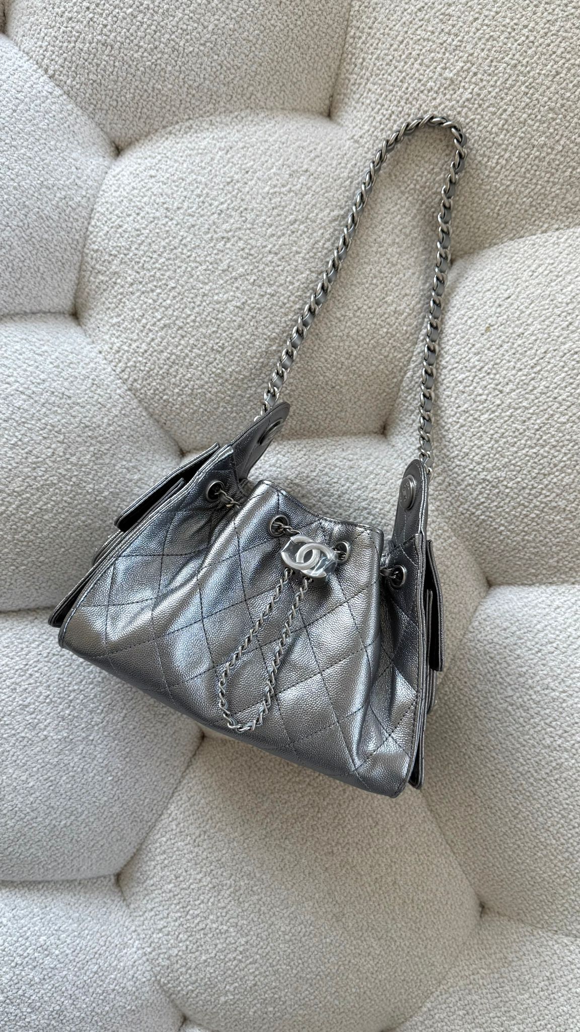 Chanel 25 Mini Hobo Metallic Silvery Grained Calfskin