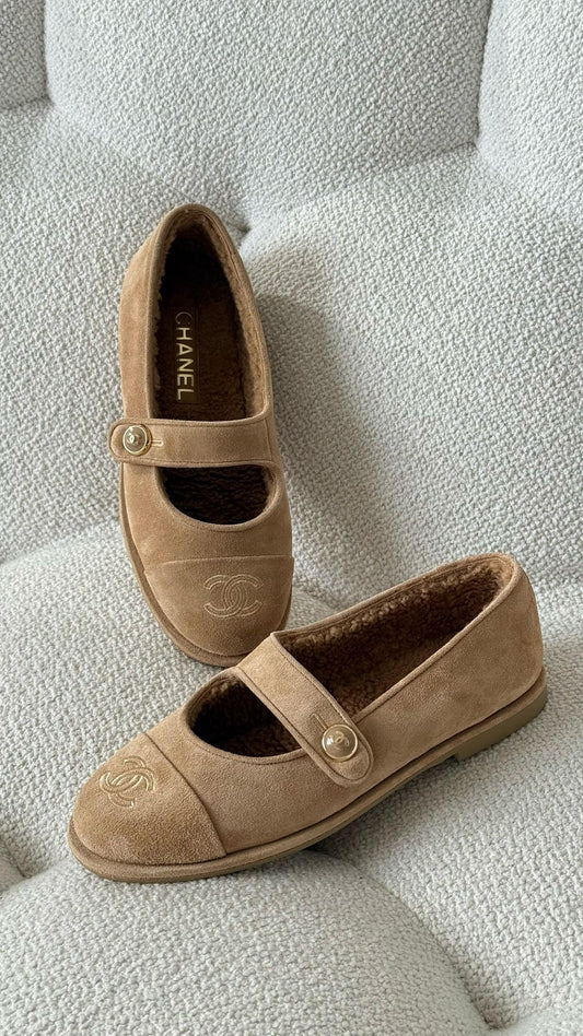 Chanel Mary Janes Suede & Shearling Beige
