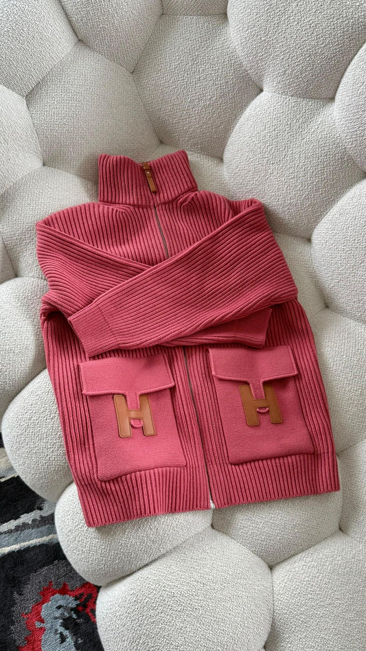 Hermès Virgin Wool Knit Jacket Side Flap “H” Pockets Rose Sorbet