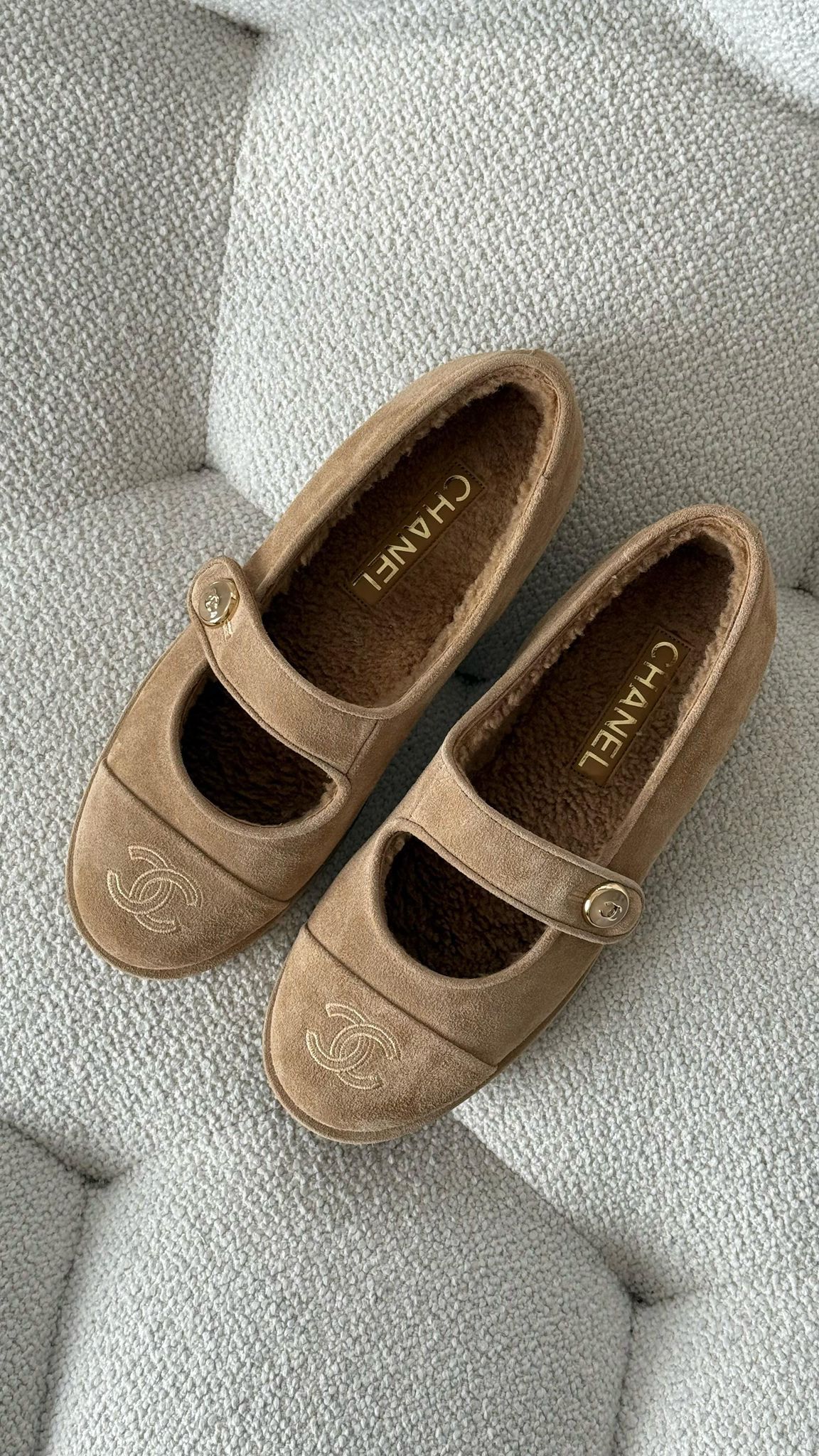 Chanel Mary Janes Suede & Shearling Beige