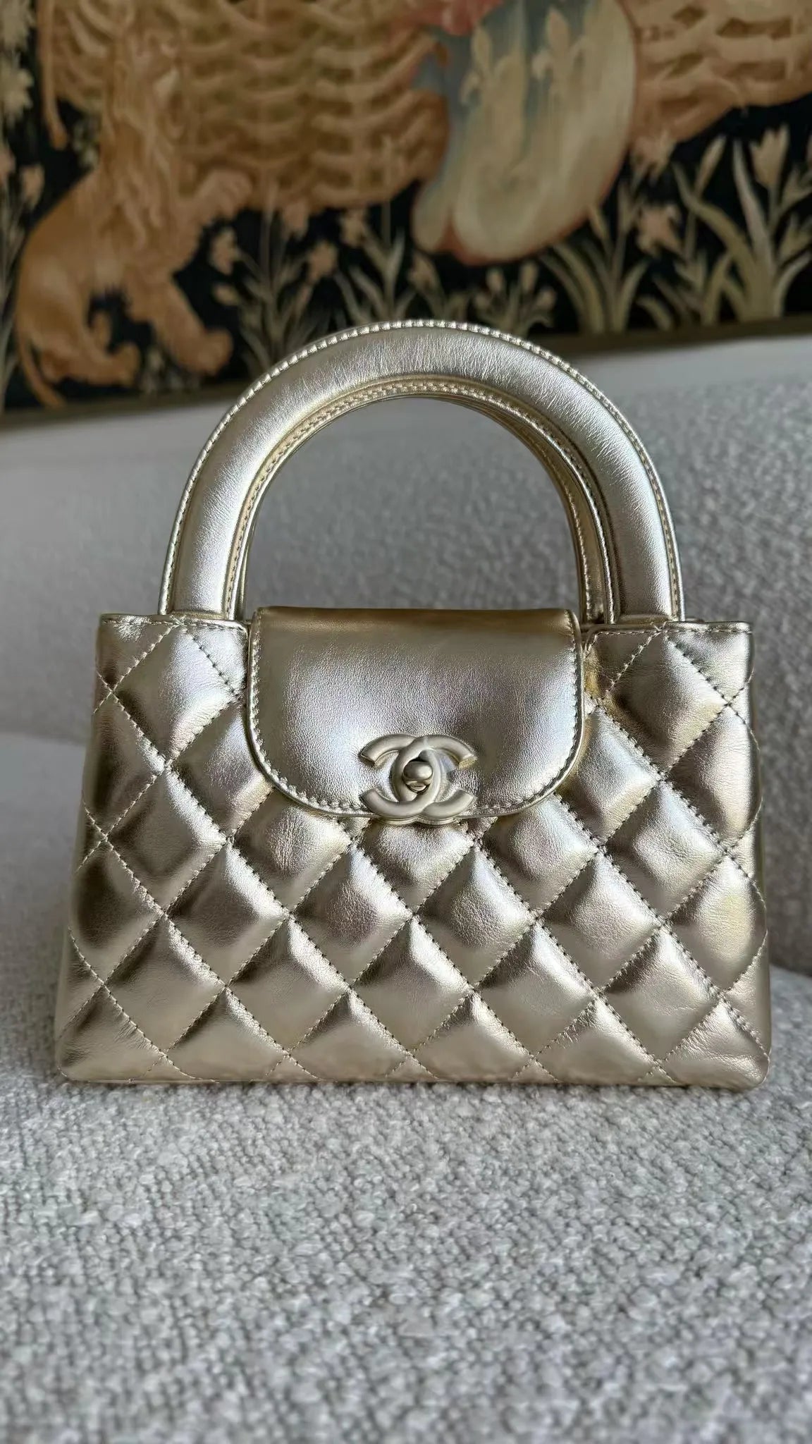 Chanel "Kelly" Mini Shopping Bag Metallic Calfskin Golden Light Gold-Tone Metal