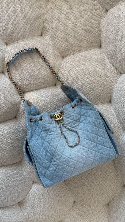Chanel 25 Medium Handbag Washed Denim & Gold-Tone Metal Blue