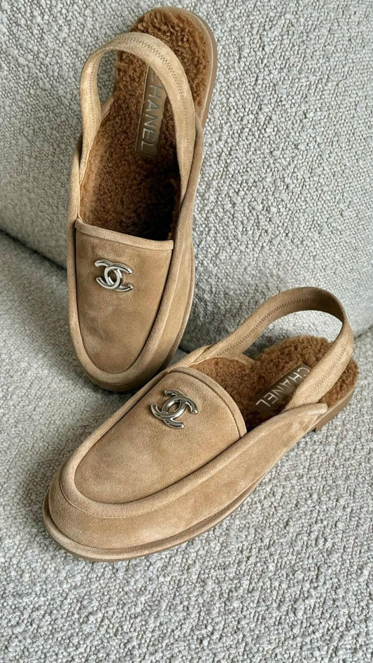 Chanel Slingback Moccasins Suede Dark Beige