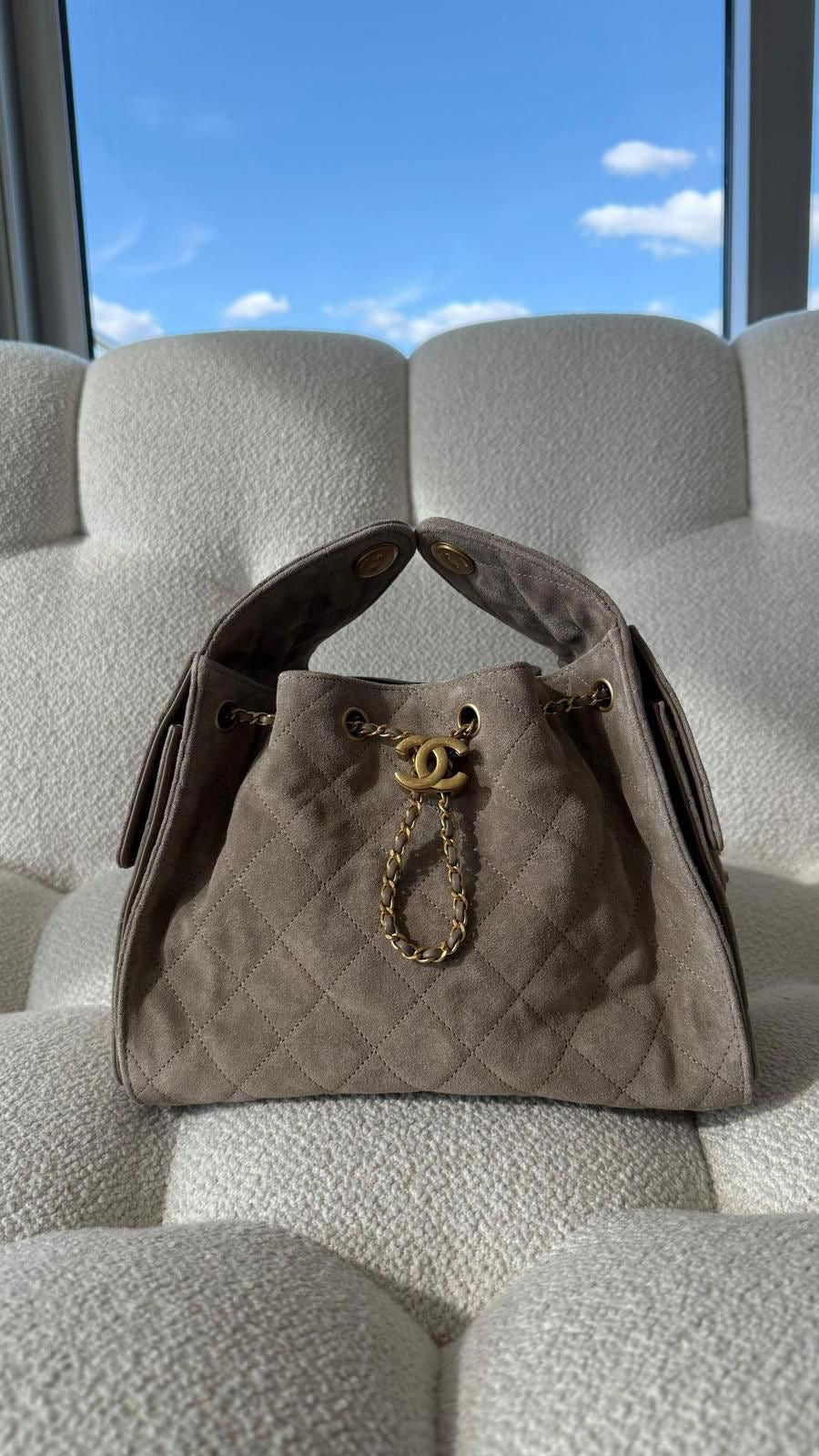 Chanel 25 Small Hobo Handbag Suede Goatskin Grey GHW