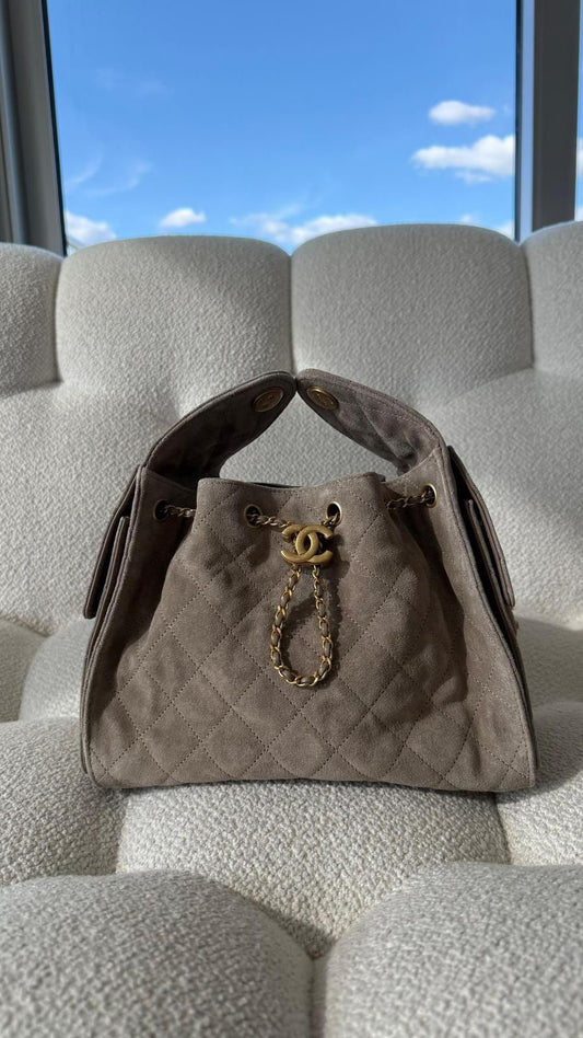 Chanel 25 Small Hobo Handbag Suede Goatskin Grey GHW