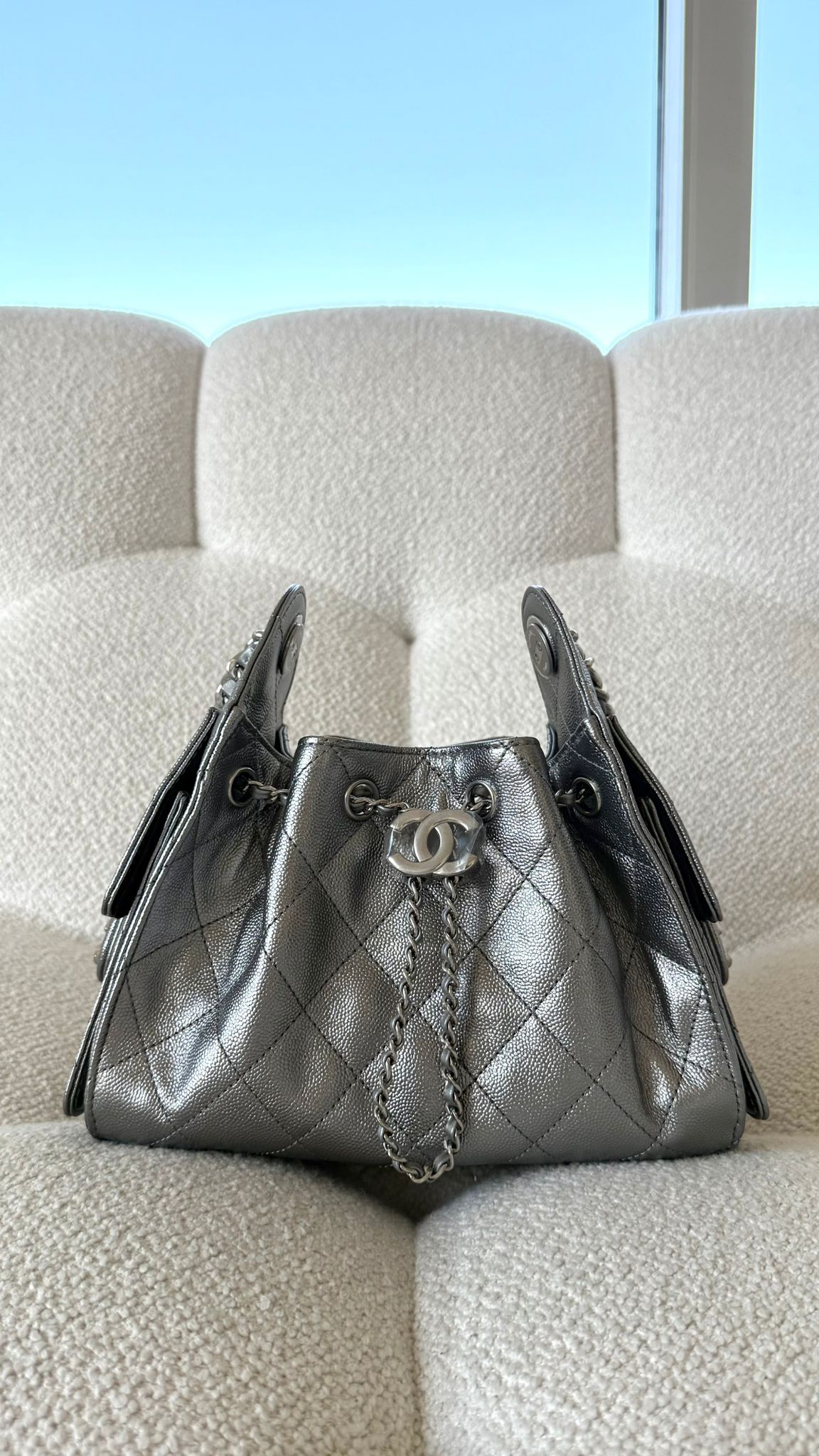 Chanel 25 Mini Hobo Metallic Silvery Grained Calfskin
