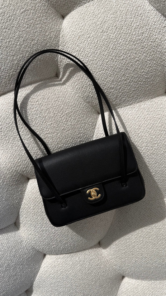 Chanel 26 Small Clutch with Leather Strap Grained Shiny Calfskin & Gold-Tone Metal Black