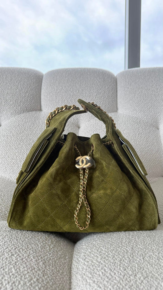 Chanel 25 Small Hobo Suede Olive Green