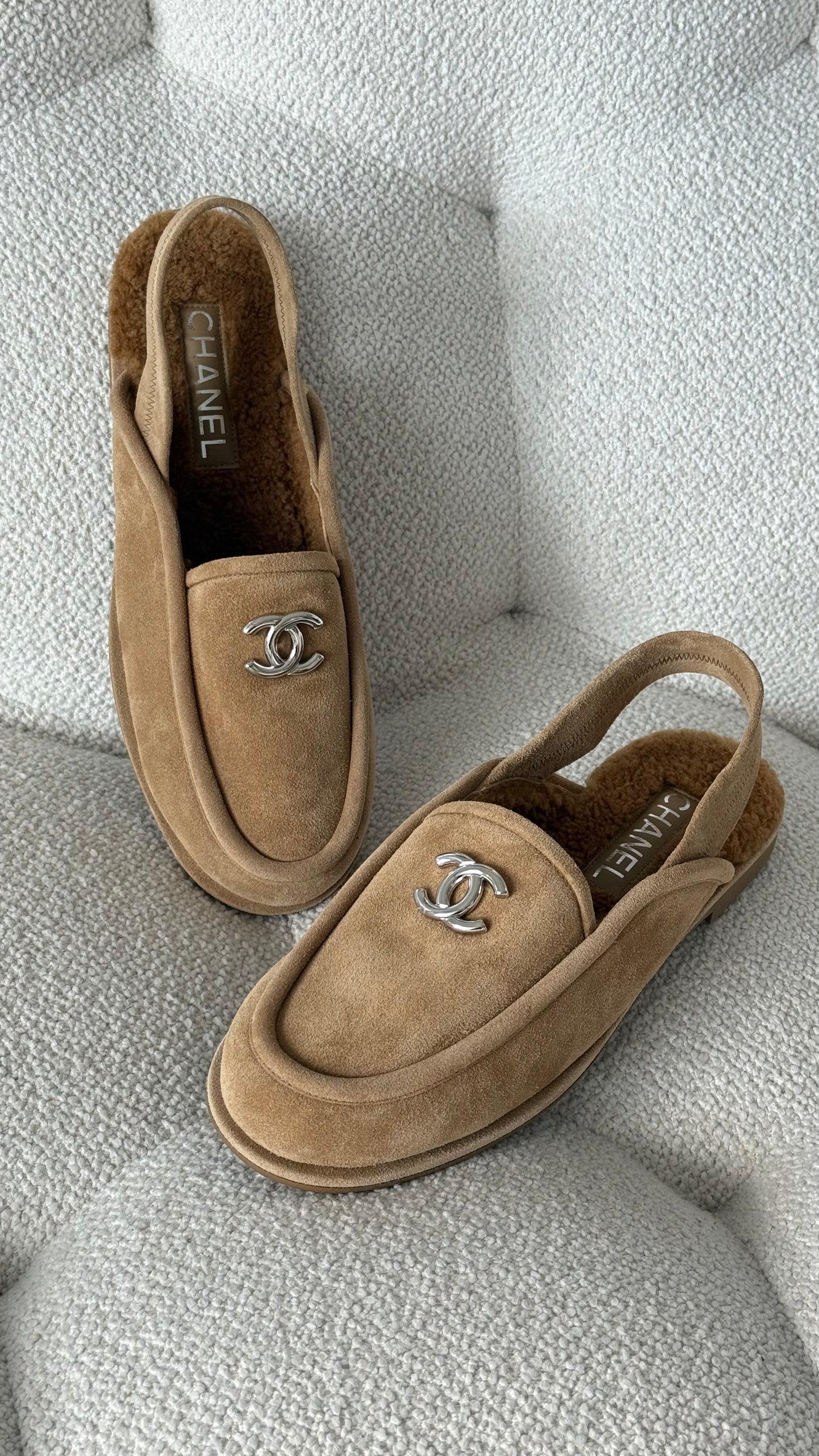 Chanel Slingback Moccasins Suede Dark Beige