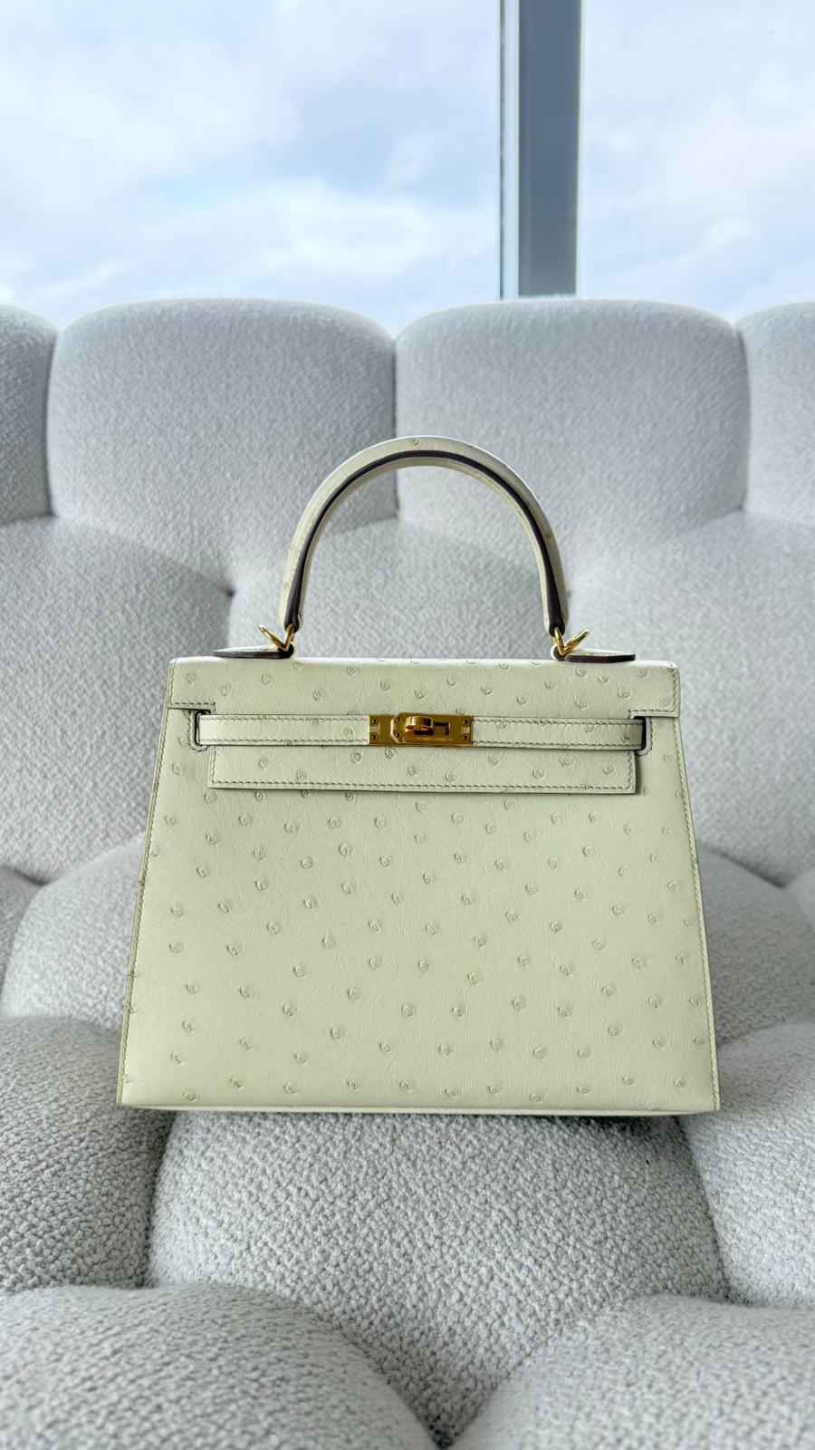Hermes Kelly 25 Selllier Ostrich Beton GHW U