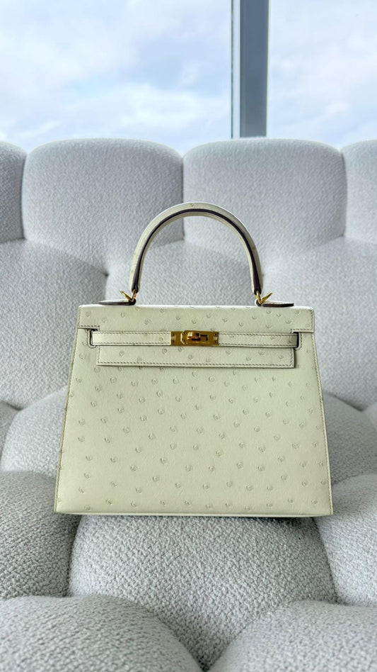 Hermes Kelly 25 Selllier Ostrich Beton GHW U