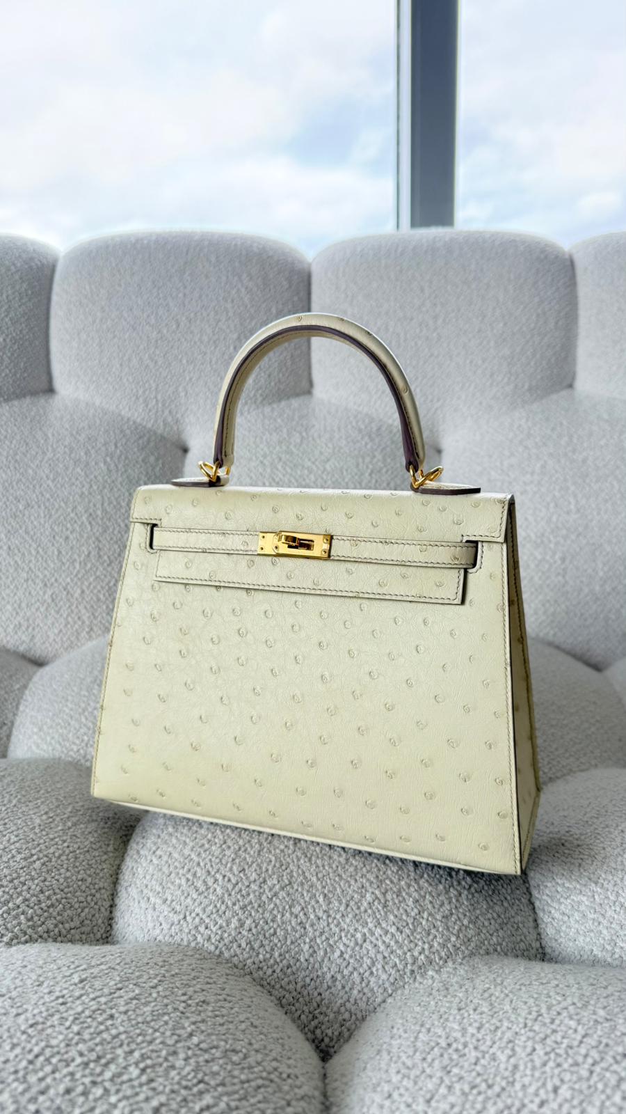 Hermes Kelly 25 Selllier Ostrich Beton GHW U