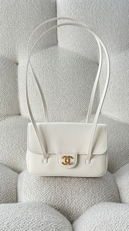 Chanel 26 Mini Clutch with Leather Strap Grained Shiny Calfskin & Gold-Tone Metal White
