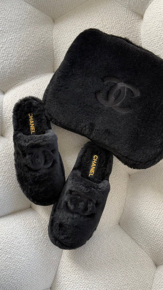 Chanel Shearling Mules With Pouch Black