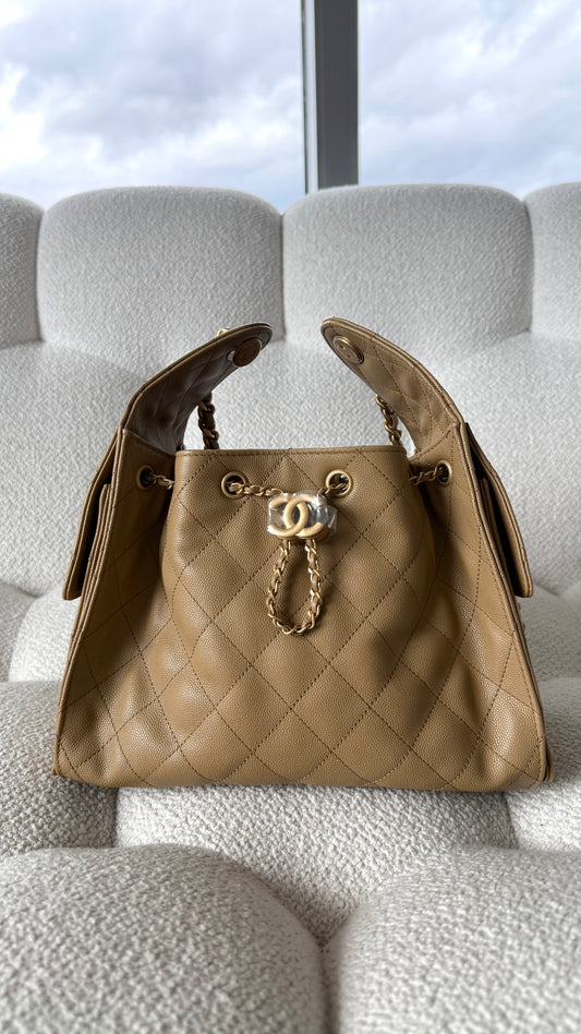 Chanel 25 Small Hobo Dark Beige