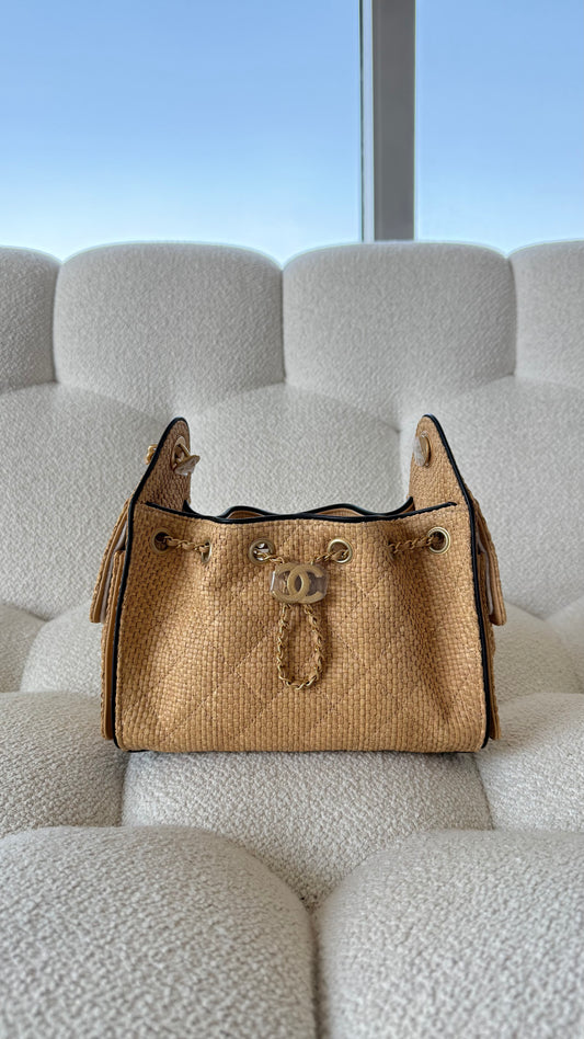 Chanel 25 Mini Hobo Braided Raffia Beige & Black