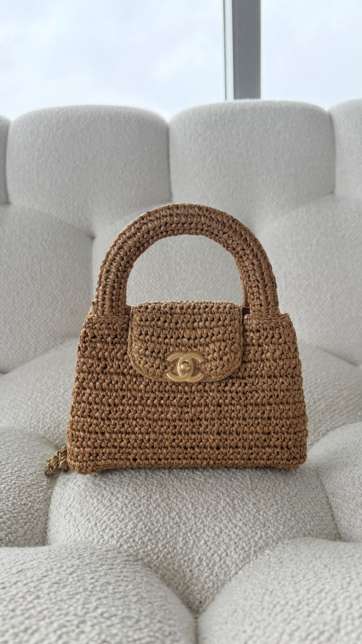 Chanel Mini Kelly Braided Raffia & Gold-Tone Metal Dark Beige