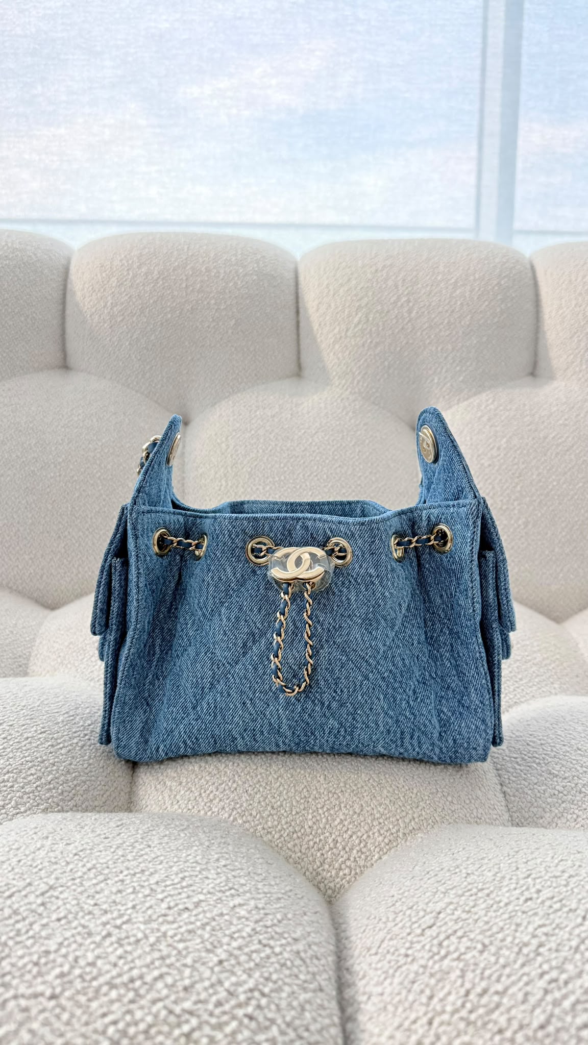Chanel 25 Mini Handbag Washed Denim &amp; Light Gold-Tone Metal Blue