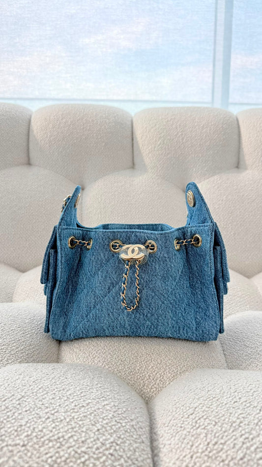 Chanel 25 Mini Handbag Washed Denim &amp; Light Gold-Tone Metal Blue