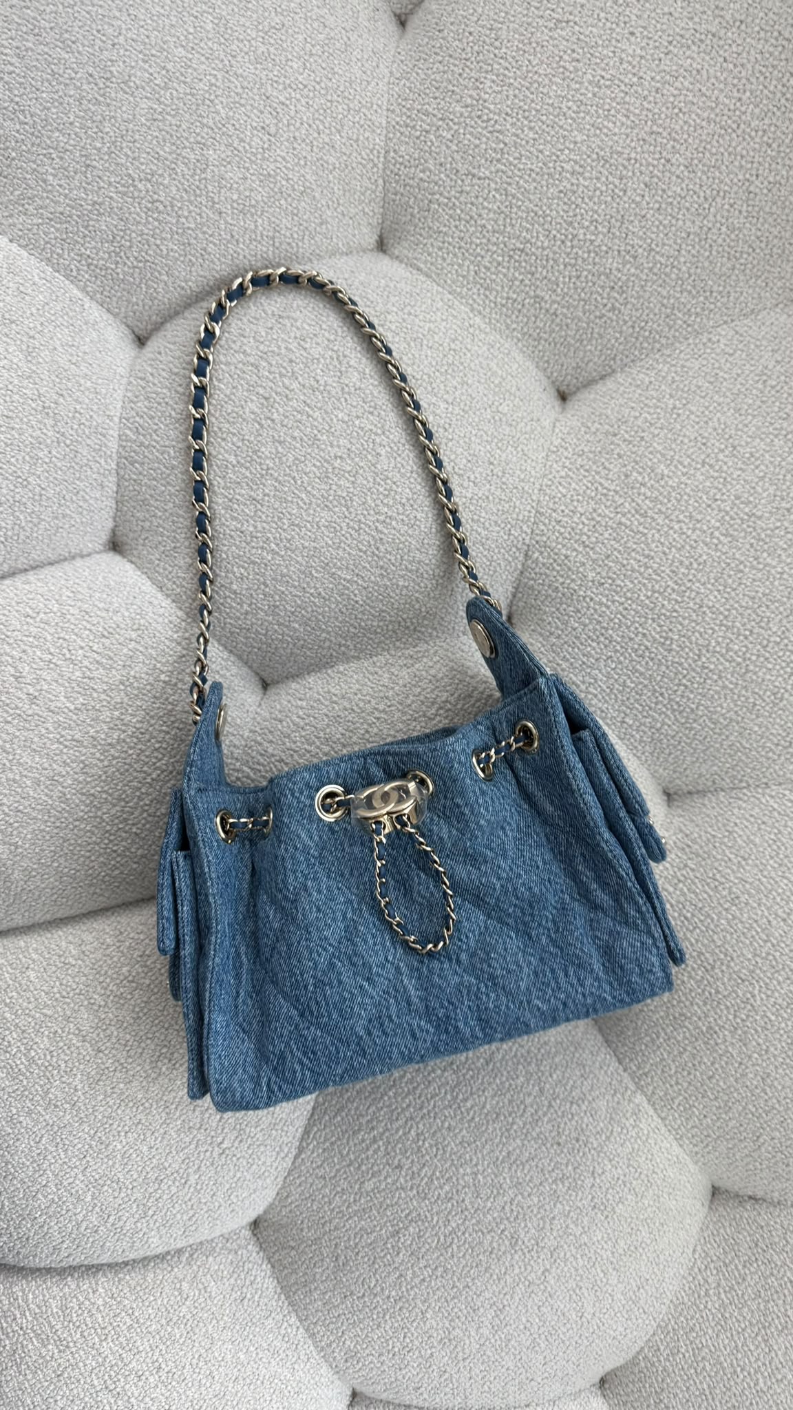 Chanel 25 Mini Handbag Washed Denim &amp; Light Gold-Tone Metal Blue