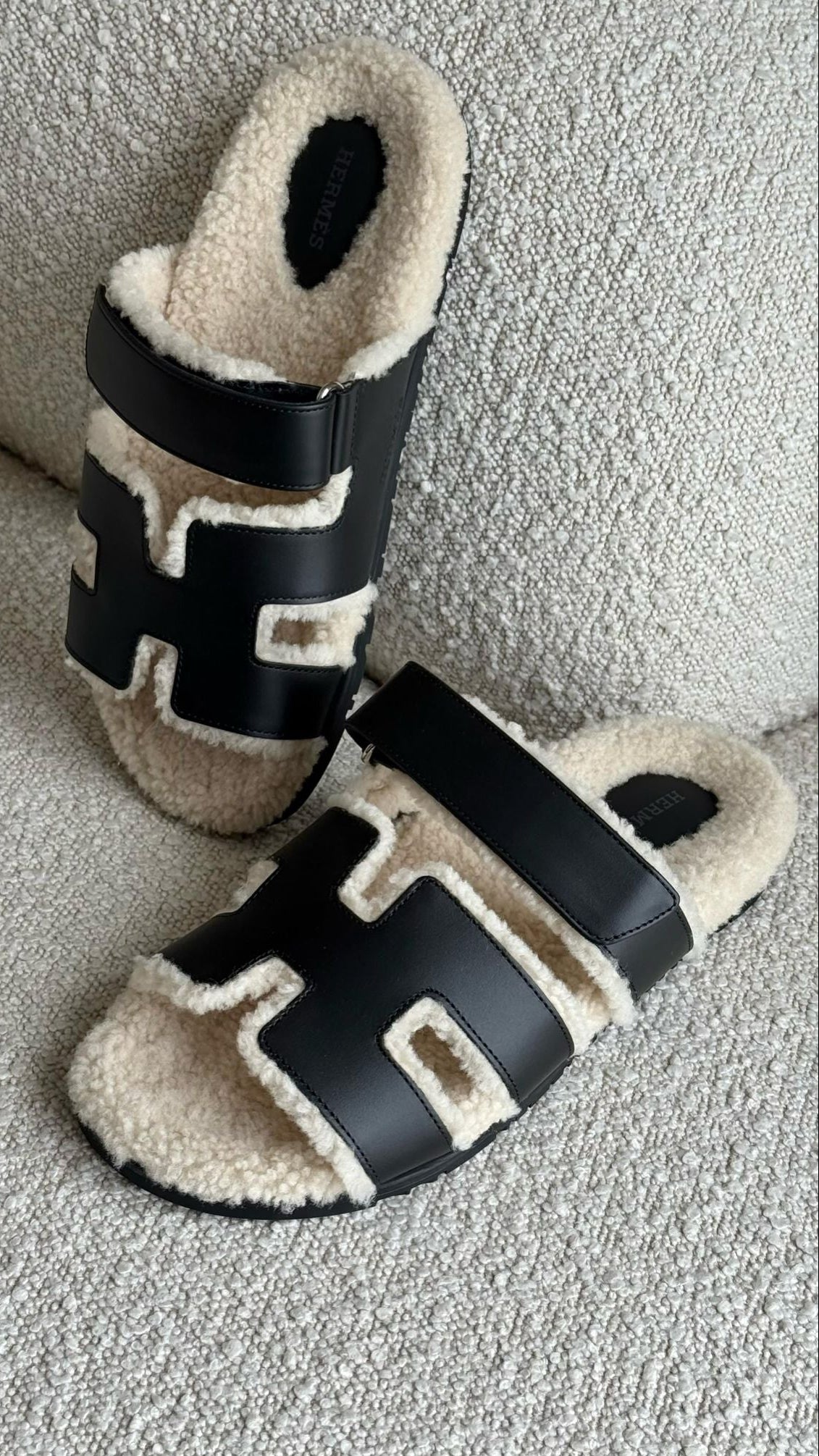 Hermès Chypre Sandals Calfskin & Shearling Black & Ecru