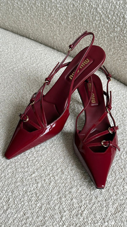 Miu Miu Slingback Kitten Heels Patent Leather Burgundy 39