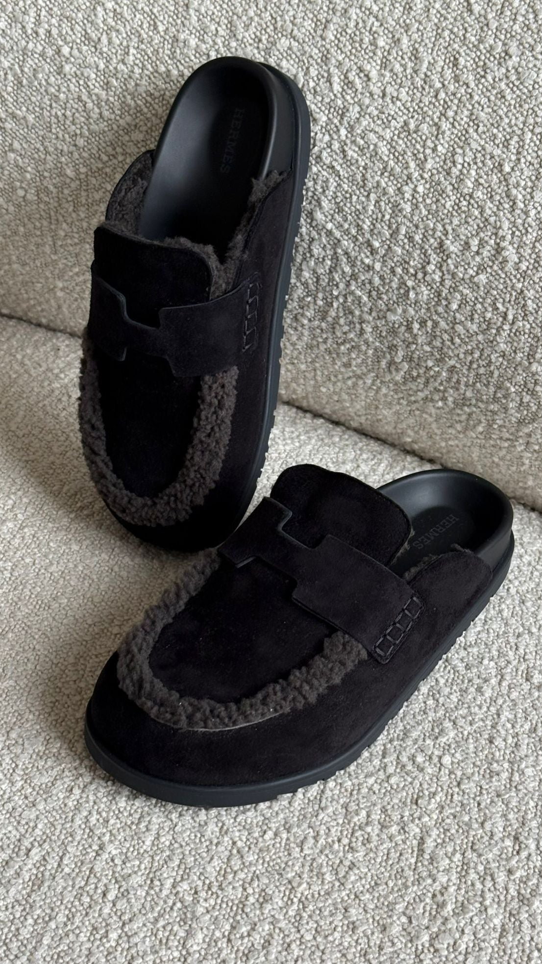 Hermès Go Mules Suede & Shearling Black & Gris Fonce