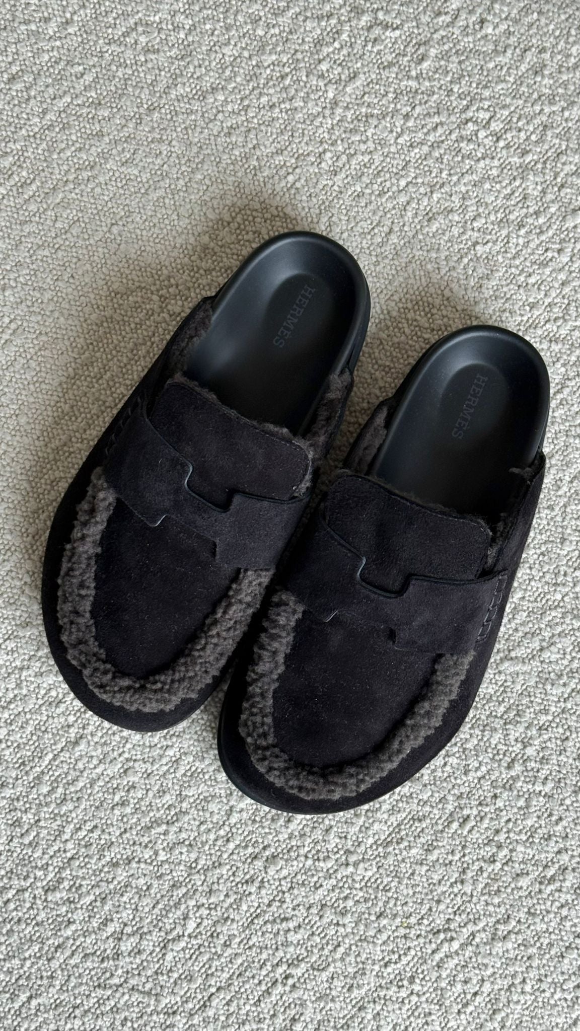 Hermès Go Mules Suede & Shearling Black & Gris Fonce