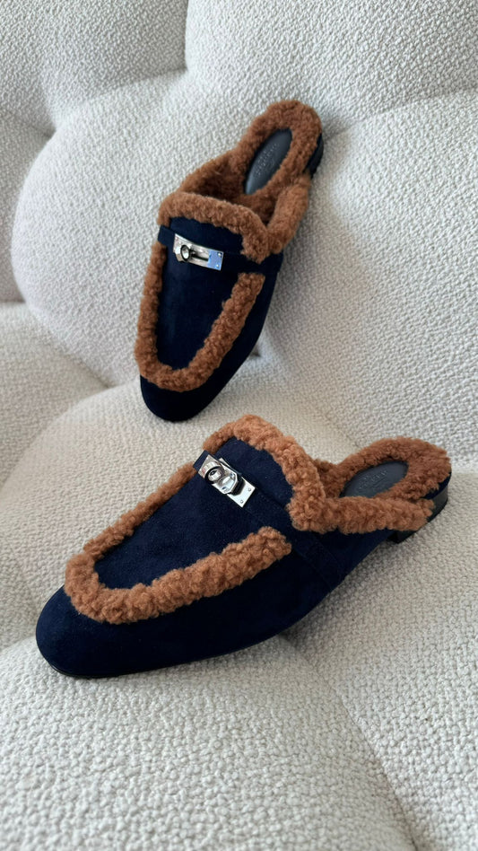Hermès Oz Mules Suede & Shearling Marine & Gold PHW
