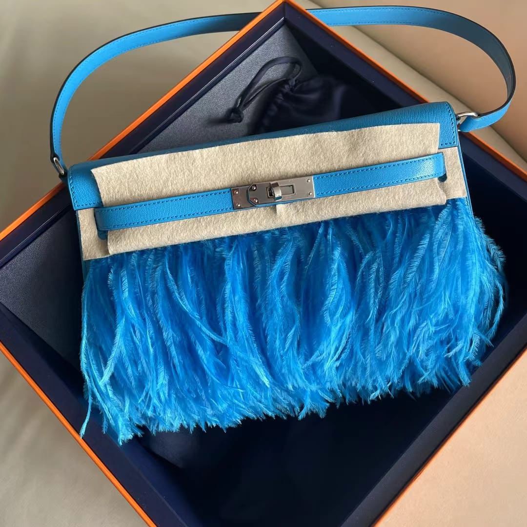 Hermès Kelly Elan Folie Chèvre & Ostrich Feathers Bleu Frida PHW B (Jun/24)