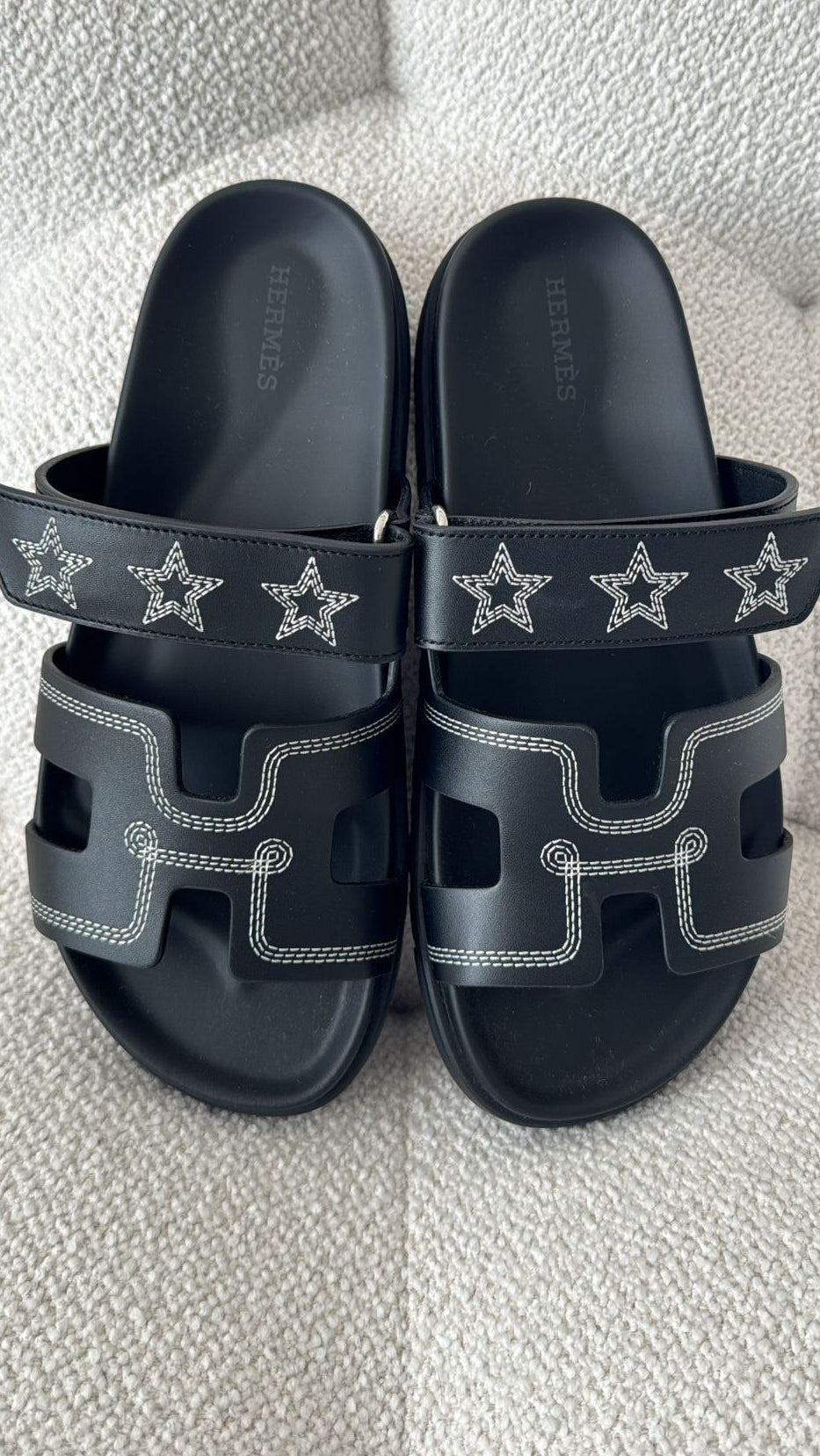 Hermès Chypre Sandals Calfskin Black with White Stars