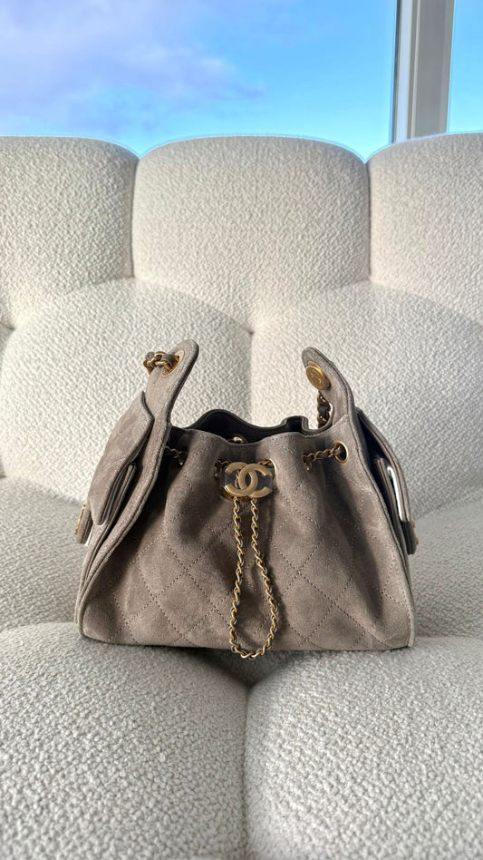 Chanel 25 Mini Handbag Suede Calfskin Grey Gold-Tone Metal