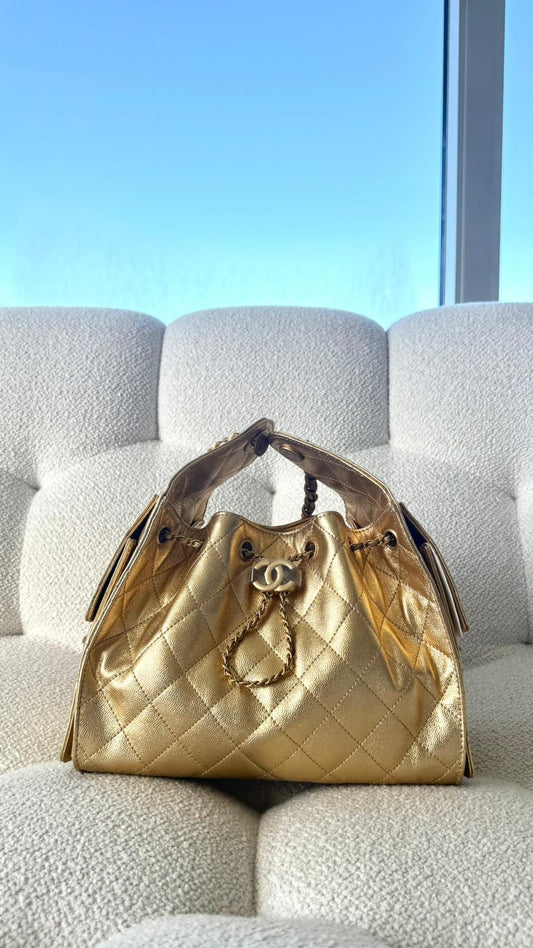 Chanel 25 Small Handbag Metallic Grained Calfskin Gold Gold-Tone Metal