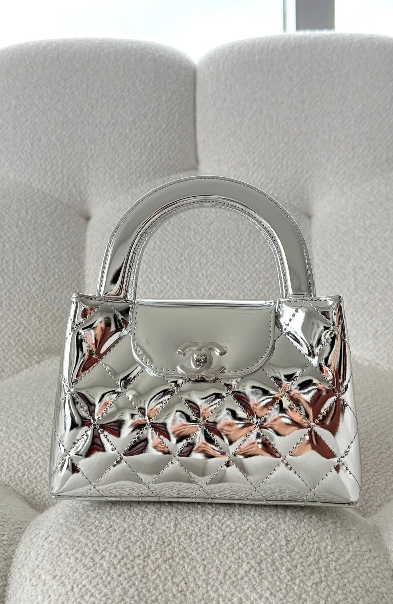 Chanel Mini Shopping “Kelly” Bag Shiny Metallic Calfskin Silver & Silver-Tone Metal