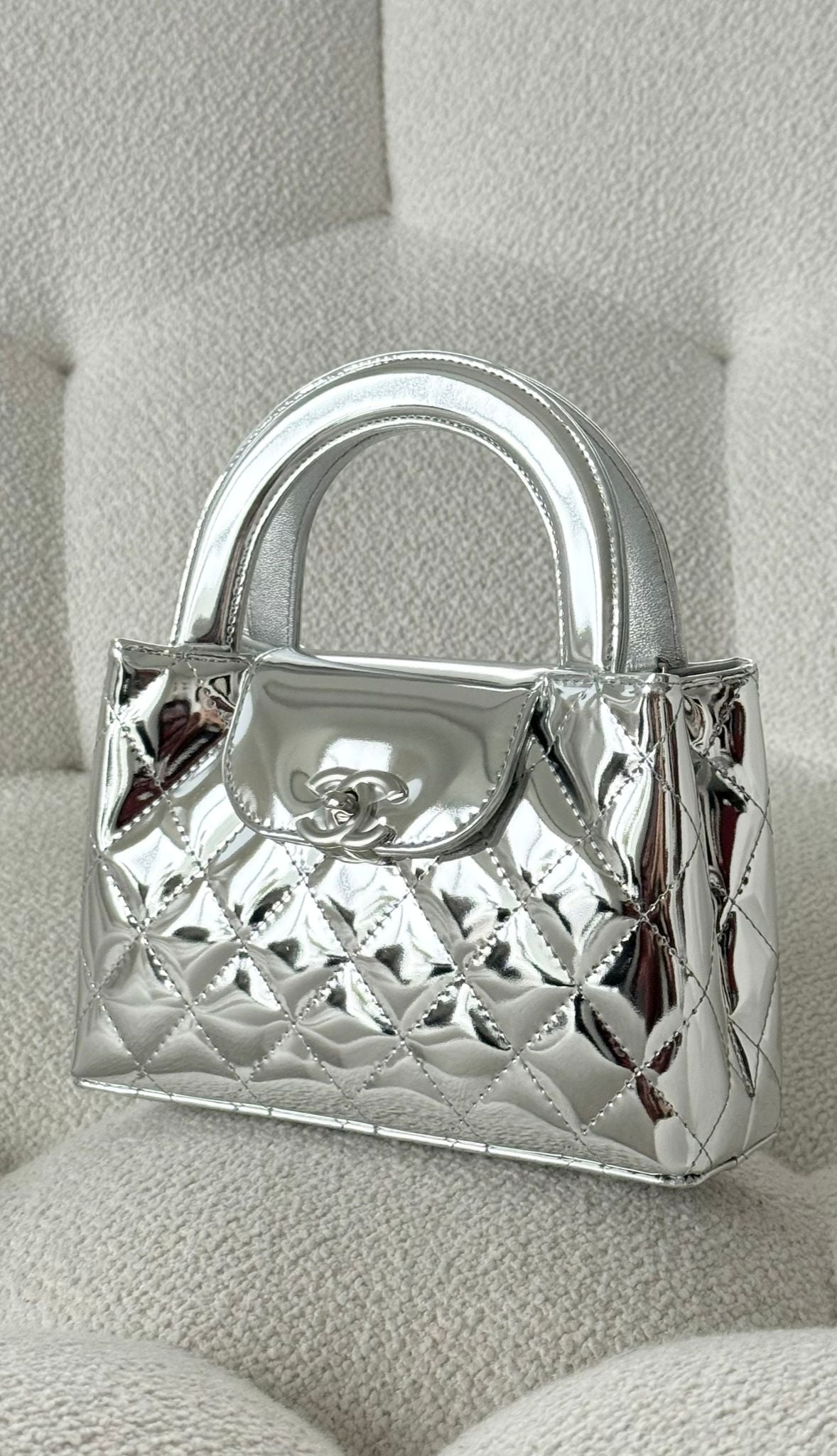 Chanel Mini Shopping “Kelly” Bag Shiny Metallic Calfskin Silver & Silver-Tone Metal