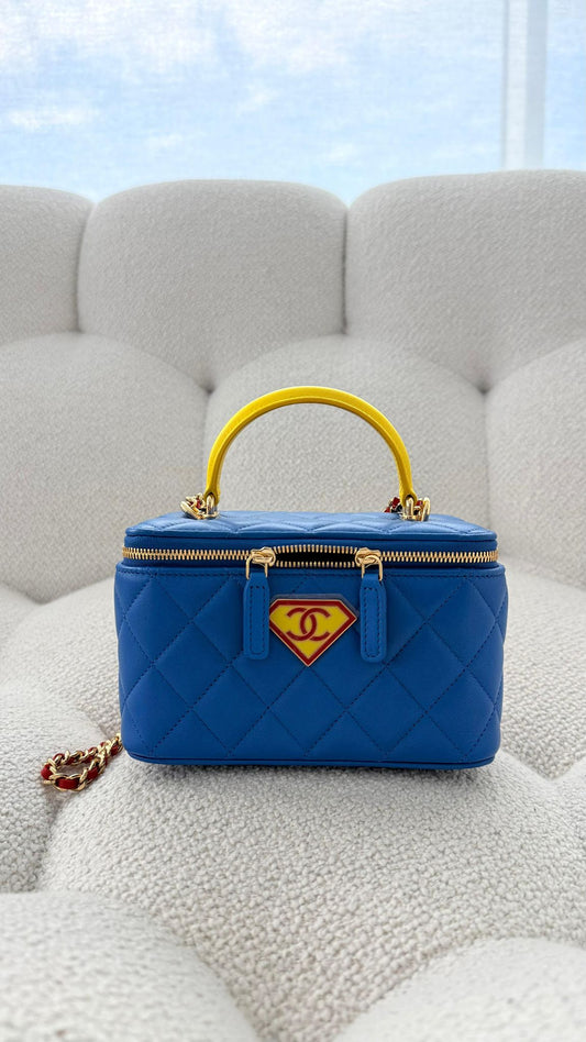 Chanel Metiers d’Art 2026 Long Vanity with Chain Calfskin, Enamel & Gold-Tone Metal Blue, Yellow & Red