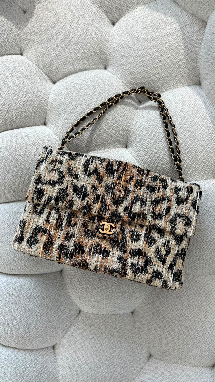 Chanel Maxi Flap Bag, Tweed, Mixed Fibers & Gold-Tone Metal Brown, Black & White