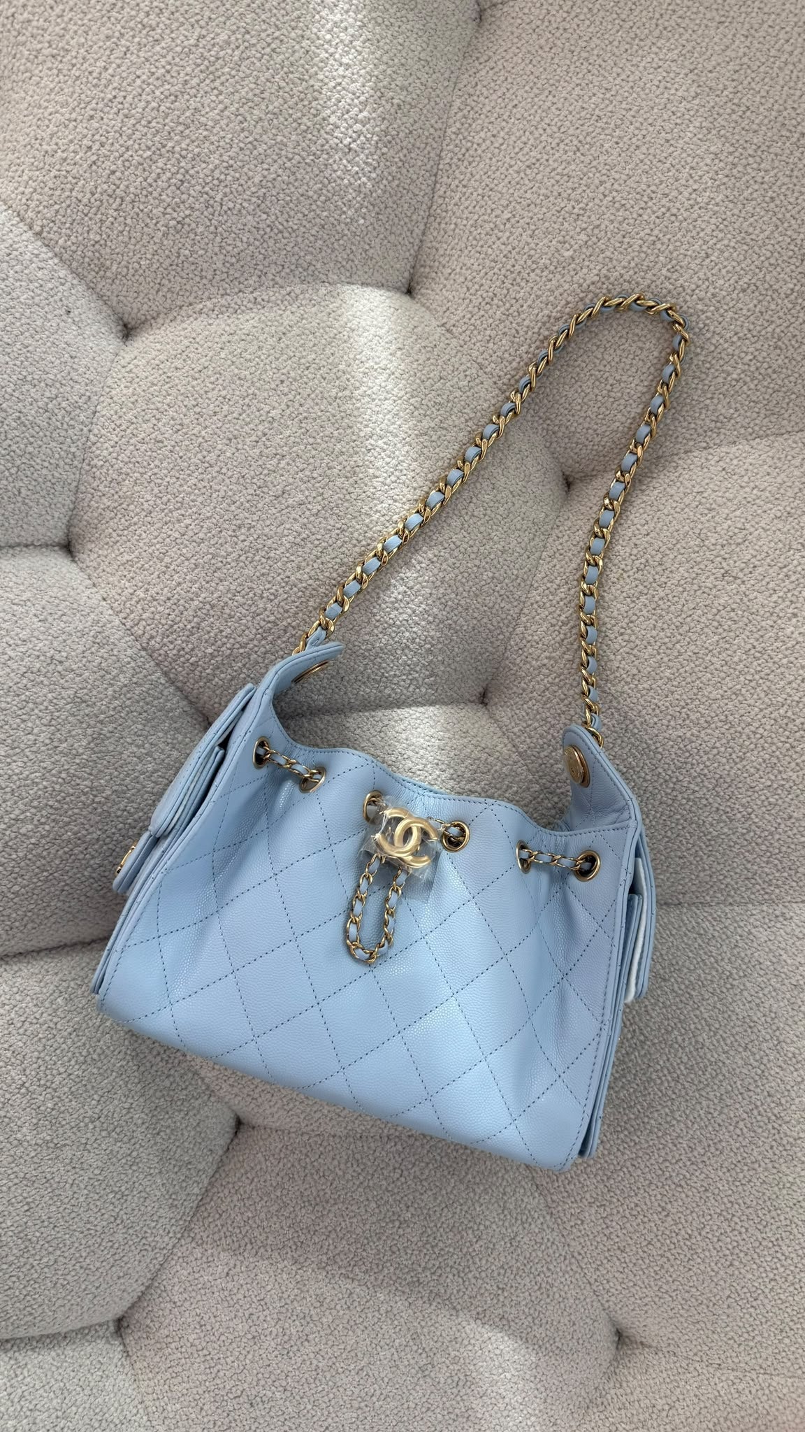 Chanel 25 Mini Handbag Grained Calfskin & Gold-Tone Metal Light Blue