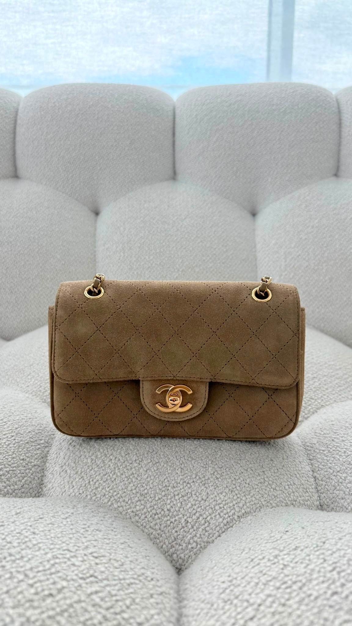 Chanel  Mini Flap Suede Calfskin Gold-Tone Metal Dark Beige